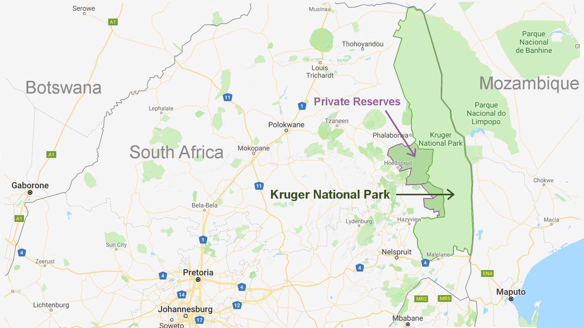 Map Of South Africa Kruger National Park Google Map of the Kruger National Park